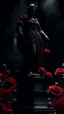 Placeholder: The statue of justice is filled with blood, carrying a scale full of red roses, and poppy flowers grow from underneath it and climb the statue. Dark garden background cinematic.