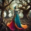 Placeholder: Photo of an odd being, bright colors, odd fashion, award winning photography, odd pose, trees, very accentuated details of the dress and skin, eerily mysterious, artistic photo, shot on Hasselblad, high definition, high resolution, 8k, 3d render, very detailed, F/2.8. Background ruins, after a war, noon-light, odd