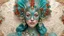 Placeholder: Beautiful woman portrait, adorned with m white blue and turquoise metallic filigree floral embossed and jade and malachite ribbed mineral stone colours and beige eggshell ocous and sea horse colour and brown and coralls red mollusk shell headdress, venetian style mollusk shell face masque and wearing sea costume armour ribbed with irridescent bioluminescense Golden dust and mollusk shell ribbed costume organic bio spinal ribbed detail of full extremely detailed hyperre