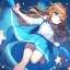 Placeholder: Clear focus, High resolution, A anime teen, cute, rough line skecth, star around kid, sparkling eyes, medium fluffy brown hair, blue sparkling eyes, 1girl (solo), wearing a blue snow cloak and a white shirt, epic battle stance, (((Full body)))