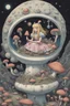 Placeholder: Alice in Wonderland, in a space suit, sitting on a huge mushroom with tentacles hanging down, in an alien landscape