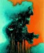 Placeholder: broken skull. black background. smoke and explode. particles in air. teal and orange. abstract. beksinski.