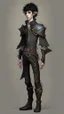 Placeholder: boy elf,he has curly, black hair and sharp cheekbones. His eyes are black. He wears fantasy medieval clothes. he is lean and tall, with pale skin, full body with boots, side view full body side body