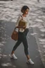 Placeholder: color photo of a student girl 22 years old ,short hair with her books in her hand walking in street,next to trees.