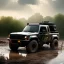 Placeholder: stylized hyperrealistic shot, muddy military pickup truck, guns mounted, monotone color palette, sharp focus, puddle reflection, tire water splash, refraction, mist on the horizon, shadowcast, god rays, detailed and intricate, cinematic composition, micro, tilt shift photography