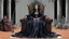Placeholder: [colour illustration for Sorceress (1982)] Leigh Harris as the dark Lady of Whispers sits upon her ornate throne looking down at Lynette Harris the poor farmer woman knelt before her, her eyes downcast in a mixture of fear and defiance.