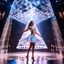 Placeholder: stage inside of a 3d crystal pyramid lovely light reflections ,full body shot of very beautiful lady skirt and bluse , Braided hair ,dancing in stage in the crystal cube pretty makeup,full cube shot