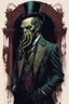 Placeholder: highly detailed color woodcut concept character illustration of a world weary, Cthulhu dressed as a gothic Victorian gentleman , maximalist, sharp focus, highest resolution, in the styles of Denis Forkas , Bill Sienkiewicz, and Masahiro Ito, boldly inked, 8k, coarse, gritty textures