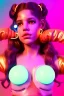 Placeholder: Rosalía artist, Realistic image, natural waist up portrait, perfect eyes, glow, circle iris, eye liner. pigtails hair, face, spray line make up, glow. lips, gold. big rings piercing, led ornament, pearls. coat, latex, inflatable, hot, led lights, minimal, neon, pink, blue, gold, vibrant color, highly detailed, art stations, concept art, smooth, unreal engine 5, god lights, ray tracing, RTX, lumen lighting, ultra detail, volumetric lighting, 3d, finely drawn, high definition, 4k.