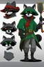 Placeholder: Make a Sly Cooper: Thieves in Time styled oc. He is a raccoon with sleek, charcoal-gray fur and emerald-green eyes. He has a sly and mischievous expression, with a black mask-like pattern around his eyes. He wears a tattered, dark blue bandit's outfit with a red sash and a feathered hat that adds to his roguish charm. He also sports a leather pouch at the base of his tail for carrying stolen treasures.