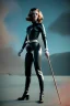 Placeholder: retro portrait image from 1960, explosion, long hair, young Scarlett Johansson, classic black tight lycra suit, metal stick weapon, gold bracelet and belt, high heel boots, soft color, highly detailed, unreal engine 5, ray tracing, RTX, lumen lighting, ultra detail, volumetric lighting, 3d, finely drawn, high definition, high resolution.