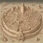 Placeholder: the map of a gigantic city, hand drawn, oval formed, city walls, a castle with walls at the center