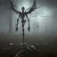 Placeholder: fog graveyard, broken mirrors, human hybrid ghost black open mouth screaming in anger, lightening from the ground to the sky, , bones protruding from grave