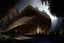 Placeholder: futuristic Iranian theatre with parametric wooden outer skin, vernacular architecture, in jungle of Alborz mountain ranges, wooden structure, sloped roof, wealth of flora, with dancing performance, fog and rain, light ray