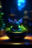 Placeholder: neon outline, awake within a magical nightmare, cauldron with shining sigil and containing a slightly alien fur ball gremlin plant in it, prize winning oil painting, ,bokeh like f/0.8, tilt-shift lens 8k, high detail, smooth render, down-light, unreal engine