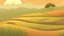 Placeholder: Rice field，Trees，Warm color palette，Animation，A lovely grasshopper，Top of the hill