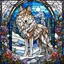 Placeholder: A gorgeous & beautiful wolf i a snow landscape, flowers in the foreground, in stained glass