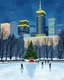 Placeholder: imagine an Art Deco style watercolor painting with gold foil applied to buildings. image of a Winter Park with a frozen pond, a Christmas tree, ice skaters, in foreground. background shows a cityscape with dark blue buildings accents with gold foil and One building is entirely gold foil. Christmas vibes, festive, elegant styling. MY PROMPT ABOVE. I used Microsoft Designer to create these images. I love how they turned out!