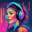 Placeholder: Generate a cyberpunk-inspired vector illustration of a young woman's face with a joyful expression, wearing futuristic-looking headphones. Place her in a colorful study room with vibrant and neon cyberpunk elements. Emphasize clean vector lines, bold colors, and a futuristic atmosphere. Capture the joy of the girl as she listens to music, and incorporate cyberpunk aesthetics into the details of her expression and the study room.