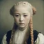 Placeholder: Old autochrome of devon aoki ,with orange cheeks, weird white braids., , in 1780s