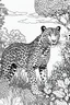 Placeholder: Outline art, Jaguar in the garden, cartoon style, black and white, low detail, no shading, --ar 9:11