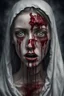 Placeholder: A horror digital realism portrait of a saint blind girl with gloomy eyes and bleeding mouth her soul out pain pain pain lost and broken heart