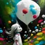Placeholder: una niña vestida de blanco brillante en un jardin lleno de flores , mirando al cielo caer globos de colores al estilo Pablo Picasso