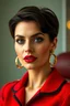 Placeholder: very feminine, brunette 50 year old sexy French stewardess in red uniform with pixie cut and strong, seductive makeup, smoky green eyes, large thick pouty bright red lips and large golden earrings who looks a bit like Elodie Cherie or Jeanna Fine
