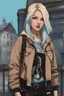 Placeholder: sewer punk swedish lady, jacket, blonde hair gradient light blue, brown, blonde cream and white color scheme, grunge aesthetic.