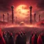 Placeholder: Hyper Realistic Karbala Ashura Procession Background at red cloudy sunset