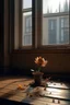 Placeholder: Distance shot of Dying flower in pot, sitting on windowsill, petals falling off onto the windowsill and hitting the wooden floor below , looking straight on, light coming from window behind the flower, hd, realism, hdr, 4k, leica, fujifilm, dslr, cinematic