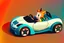 Placeholder: whimsical cartoony sports car with a small mascot character driving it, celshaded comic style