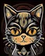 Placeholder: Cute cat face cartoon character, shepard fairey style graphic, black simple background.