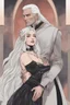 Placeholder: Strahd Von Zarovich being kissed by a beautiful woman with white hair, wearing an off the shoulder dress. Settling and background are a lavish toomb with an ebony coffin.