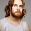 Placeholder: teen, male, with long red curly hair, head shot, model, real photo, soft lighting