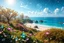 Placeholder: enchanted cosmic forest in spring with bright little flowers and little gems and crystals with a crystalline sea and beach