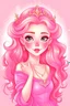 Placeholder: A very beautiful princess with an attractive face, she puts on a nice blush, with light pink wavy hair, and she puts a cute hair tie and puts on beautiful accessories