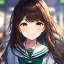 Placeholder: Clear focus,High resolution, brown short fluffy hair, long bangs, and green eyes, Depressed girl, wearing a sailor uniform, Smug smile, half closed eyes, smile, Extreme close up