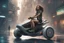 Placeholder: young woman astride a large hoverbike, with no wheels, floating along an alien street