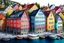 Placeholder: Colored pencil drawing, Very detailed, Drawing of the colorfull houses in the city Bergen in Norway. Colorfull, professional, detailed, pencil strokes, calm composition, zoom out, very detailed and realistic