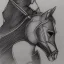 Placeholder: single line pencil sketch from side, little knight on the horse in armor with lancet charging