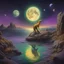 Placeholder: A pale detailed full moon, a prehistoric harsh rocky landscape divided by a calm sea, the universe seen from a distance with several moons and planets reflected in the water, orange, purple, yellow and green aurora, gold, surreal white filigree dinosaur entwined in a gold crescent standing on a rock ledge looking down into the water, surreal creature, night theme