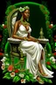 Placeholder: Create a digital airbrush cartoon of a curvy African American female sitting sideways on a queen throne. She is wearing a white shiny gown with white heels. Prominent make up with brown eyes. Highly detailed black and off-white braids in her hair. The braids are flowing all directions with a crown on her head. Background of green, black and red flowers surrounding her