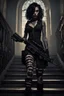 Placeholder: scarred cyberpunk vampire girl with tribal tattoos short curly dark cyberpunk hair descending the staircase in decaying gothic mansion with machine gun in hand at dawn