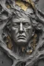 Placeholder: surrealis monochrome A fragmented, surreal sculpture liguid color of photorealistic image 3d,psychedelic art of trump mad face glossy emerging from dreamlike a crumbling building. The face appears pale with deep cracks and intricate details, evoking a haunting expression. Blackened tree branches intertwine with the gold mengkilat cracks, set against a backdrop of stormy, cloud-filled skies. bauhaus art The overall tone is dark and moody, suggesting themes of decay and transformation. Include