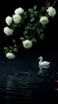 Placeholder: The image is a digital artwork that depicts a long branch of tree of three white roses and leaves tangling in to a water in the river with one white baby duck floats on the surface of the water, creating a wave-like effect. The background is black, which makes a branch of a tree of white roses stand out even more. Water droplets are scattered adding to the dreamy, ethereal quality of the image. The a