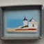 Placeholder: tiny oil painting of tiny seaside village, plain white background, solid white background, tiny white canvas, tiny white frame, melancholy, tender, moody, vintage, delicate arrangement, beautiful composition, etsy, aesthetic layout, plain solid white background