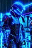 Placeholder: cyberpunk, neon blue, high technology, geometric figures, orbiting figures, cyberpunk suit, black and blue, epic, rain, neon blue suit, geometric figures orbiting around suit, exosuit, male