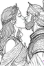 Placeholder: Fantasy coloring page, minimal detail. HD. Woman kissing a male knight with a beard. No background detail.