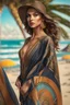 Placeholder: full body of Waist high Portrait of an exotic beautiful caucasian woman wearing trendy clothing at a beach, perfect detailed face, detailed symmetric hazel eyes with circular iris, realistic, stunning realistic photograph, 3d render, octane render, intricately detailed, cinematic, trending on artstation, Isometric, Centered hipereallistic cover photo, awesome full color, hand drawn, dark, gritty, mucha, klimt, erte 12k, high definition, cinematic, neoprene, behance contest winner, portrait feat